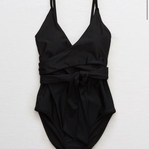 Aerie Wrap One Piece Swimsuit Black Small